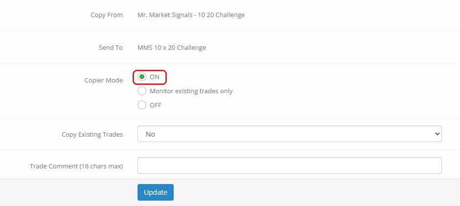 Copier settings: Copier Mode set to ON (highlighted), Copy Existing Trades No, and the Update button. Account numbers hidden.