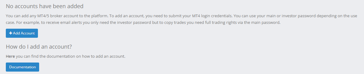 Copy platform Accounts page showing 'No accounts have been added' and the Add Account button.